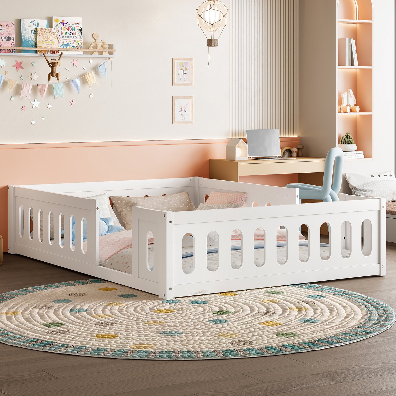 Kinderbed, Tweepersoonsbed, Houten platformbed 140x200 met leuning, Wit