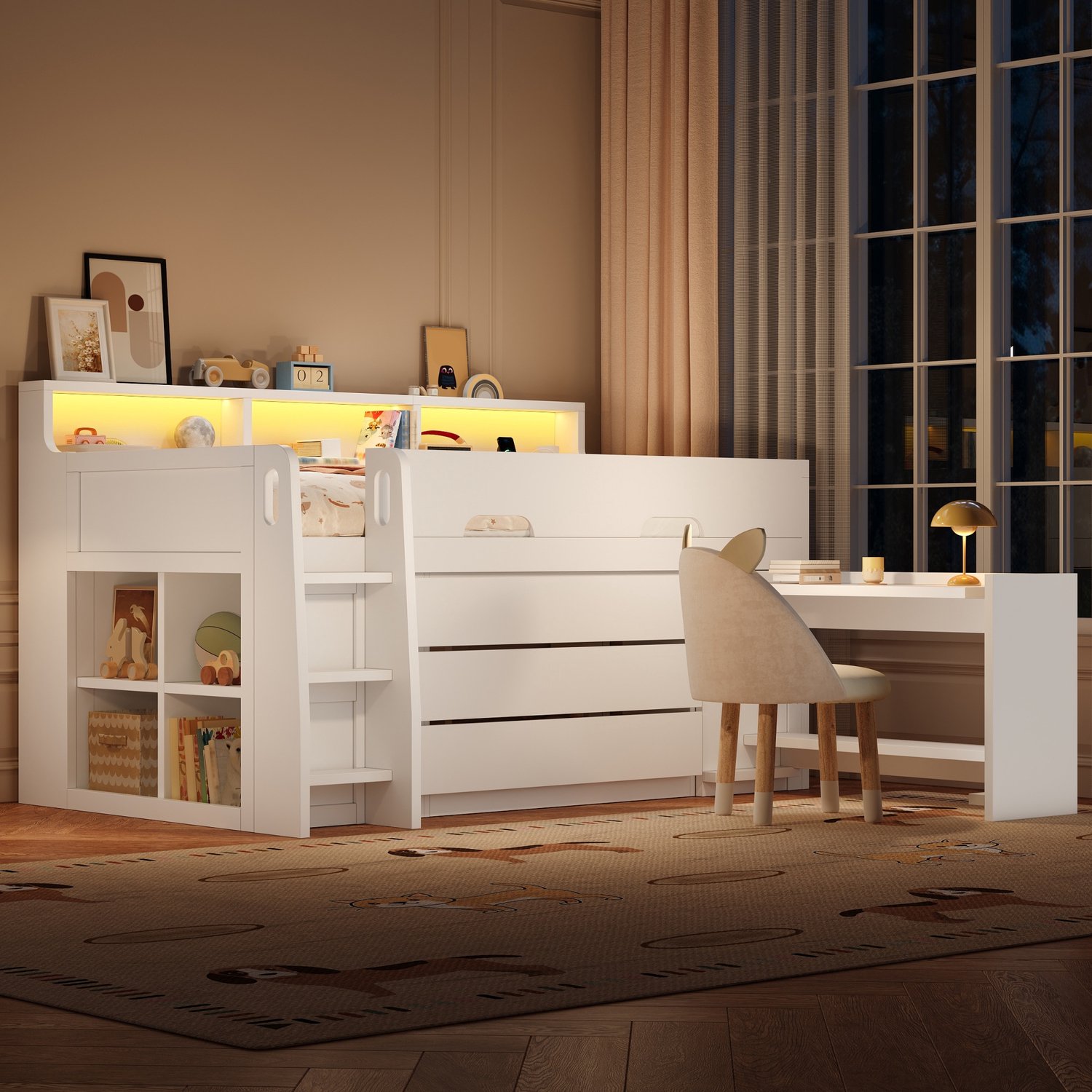 Lage hoogslaper (90 x 200 cm) met drie lades, Kinderbed, Eenpersoonsbed, een verplaatsbaar geïntegreerd bureau, meerdere opbergvakken, LED-lichtstrip en USB-aansluitingen, Wit