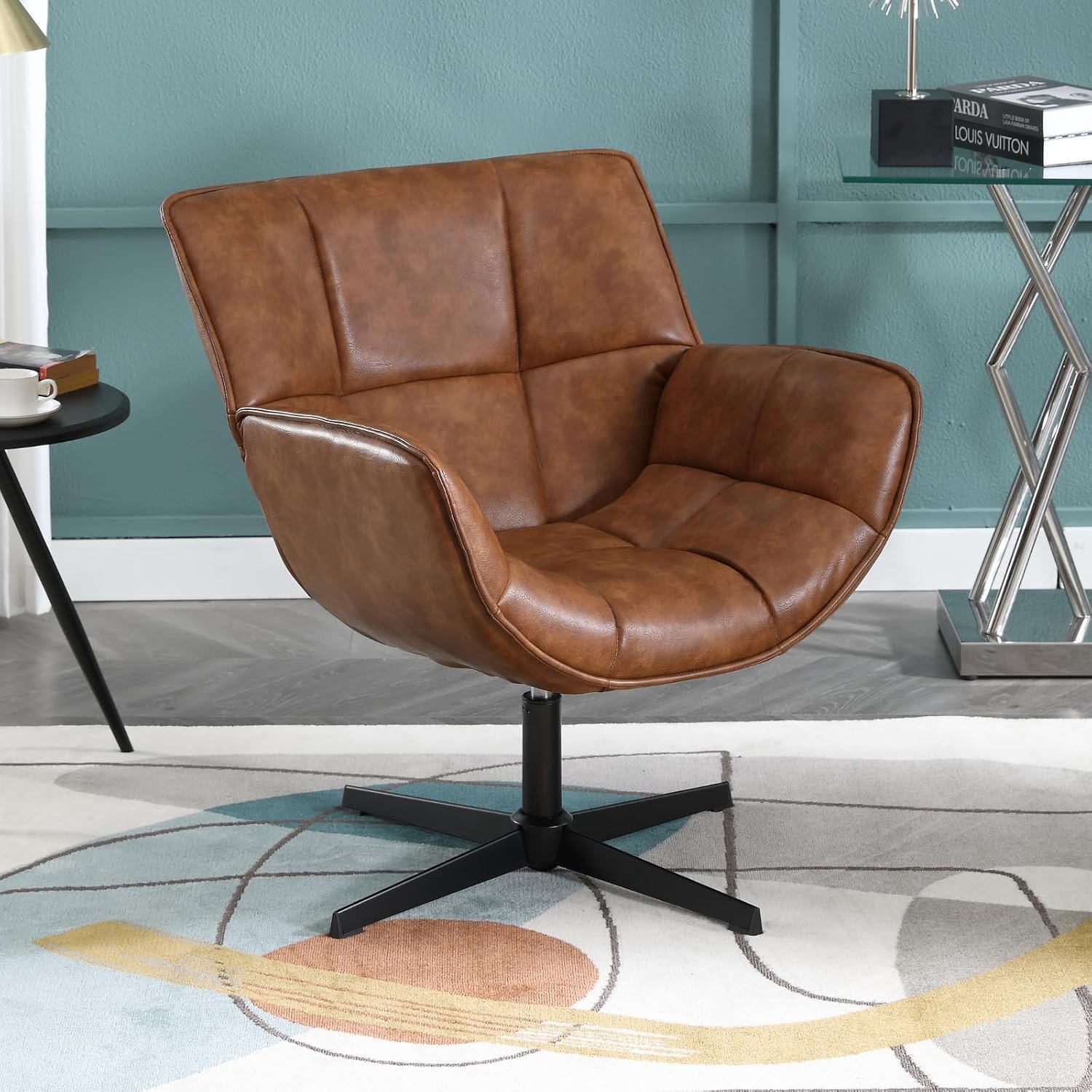Luxe Ergonomische Draaifauteuil 360° - Gewatteerde Modern Wingback Loungestoel met Smidse-IJzeren Onderstel (72x75x85 cm) - Bruin