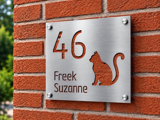 Zilverkleurig roestvrijstalen naambordje met huisnummer 46, kat-icoon en de namen Freek en Suzanne op bakstenen muur.