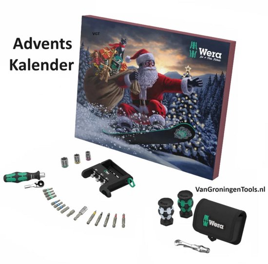 Wera adventskalender met kerstman op snowboard, inclusief 25-delige gereedschapsset met bits en ratel.