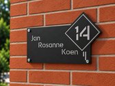 Naambordje Voordeur – Naambordje Huisnummer –1,5 mm RVS – Modern Design – Met Nummer En Naam - Zwart of Grijs - 25x20-Incl. Bevestigingsset + RVS afstandhouders