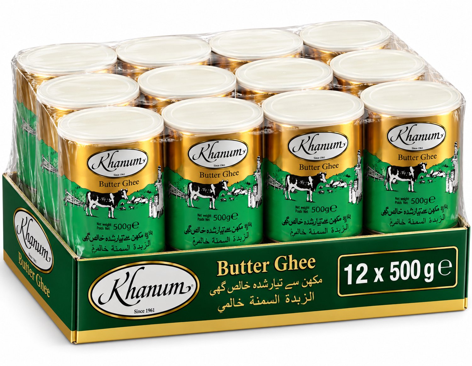 Khanum Ghee 12 x 500 g – Pure Butter Ghee – Geklaarde Boter – Botervet – Ideaal voor Bakken, Braden en Koken – Voordeelverpakking 6 kg