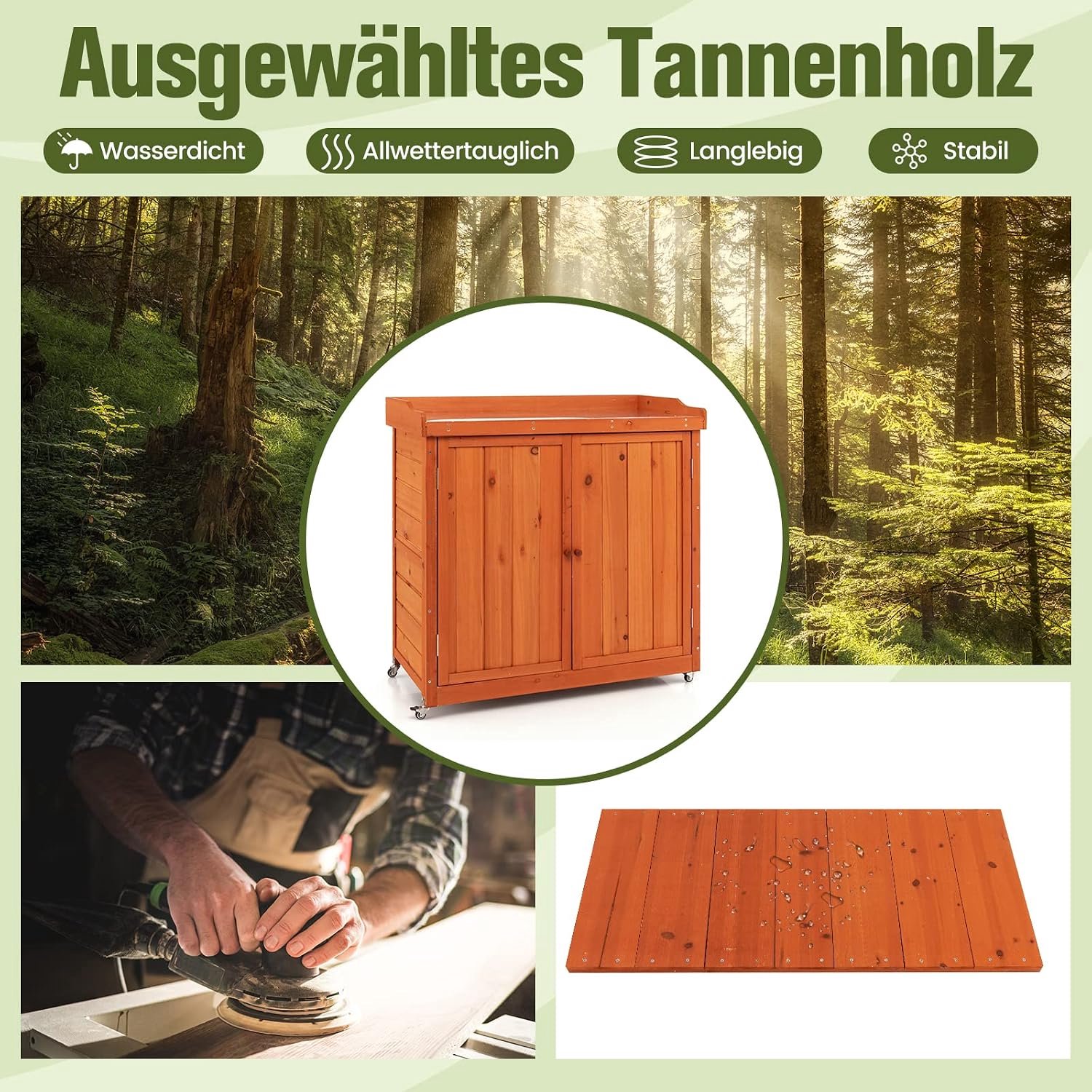 Tuinkast op Wielen - Houten Gereedschapskast Buiten met Stalen Werkblad & Verstelbare Plank - Verrijdbare Opbergkast Tuin - 98,5 x 48 x 100 cm - Laura Homestore - Naturel