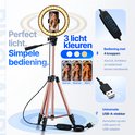 Studio ME ringlamp met 3 lichtstanden, bediening met 4 knoppen en universele USB-A-stekker.