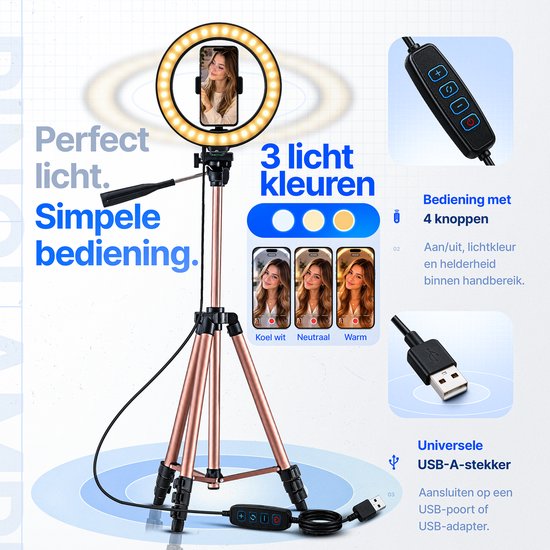 Studio ME ringlamp met 3 lichtstanden, bediening met 4 knoppen en universele USB-A-stekker.