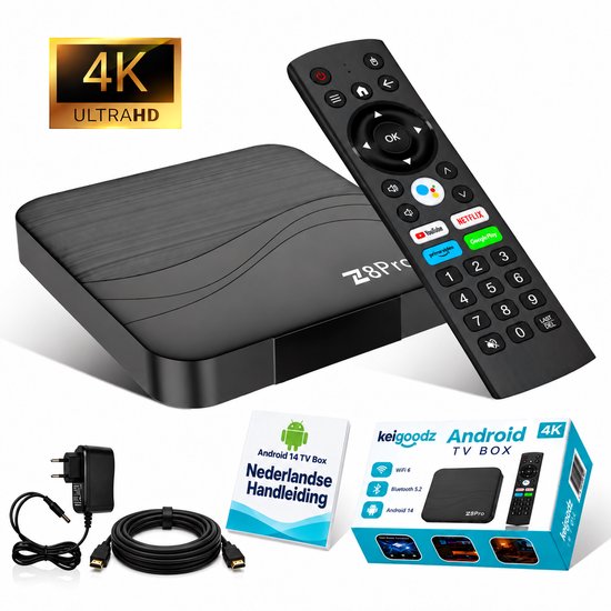 Keigoodz® Android 14 TV Box – 4K Ultra HD – Chromecast & IPTV – Smart TV Box – Google Assistant Spraakbediening – 2.4/5GHz WiFi – 16GB Media Streamer