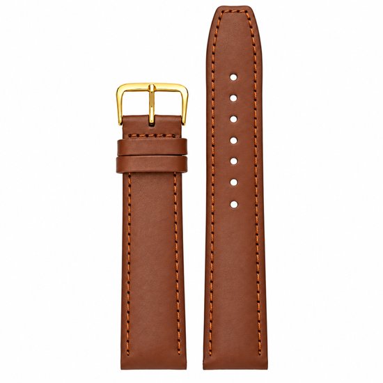 Bruine lederen horlogeband met contrasterende stiksels en een goudkleurige gespsluiting.