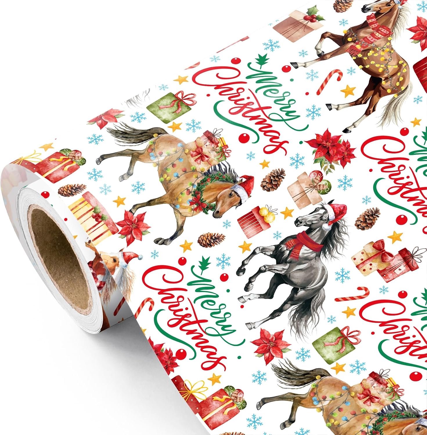 Inpakpapier mini roll 43,2 cm x 5 m - feestelijke kerstman hoed galopperend paard - perfect voor kerstcadeaus - ServiceTopper