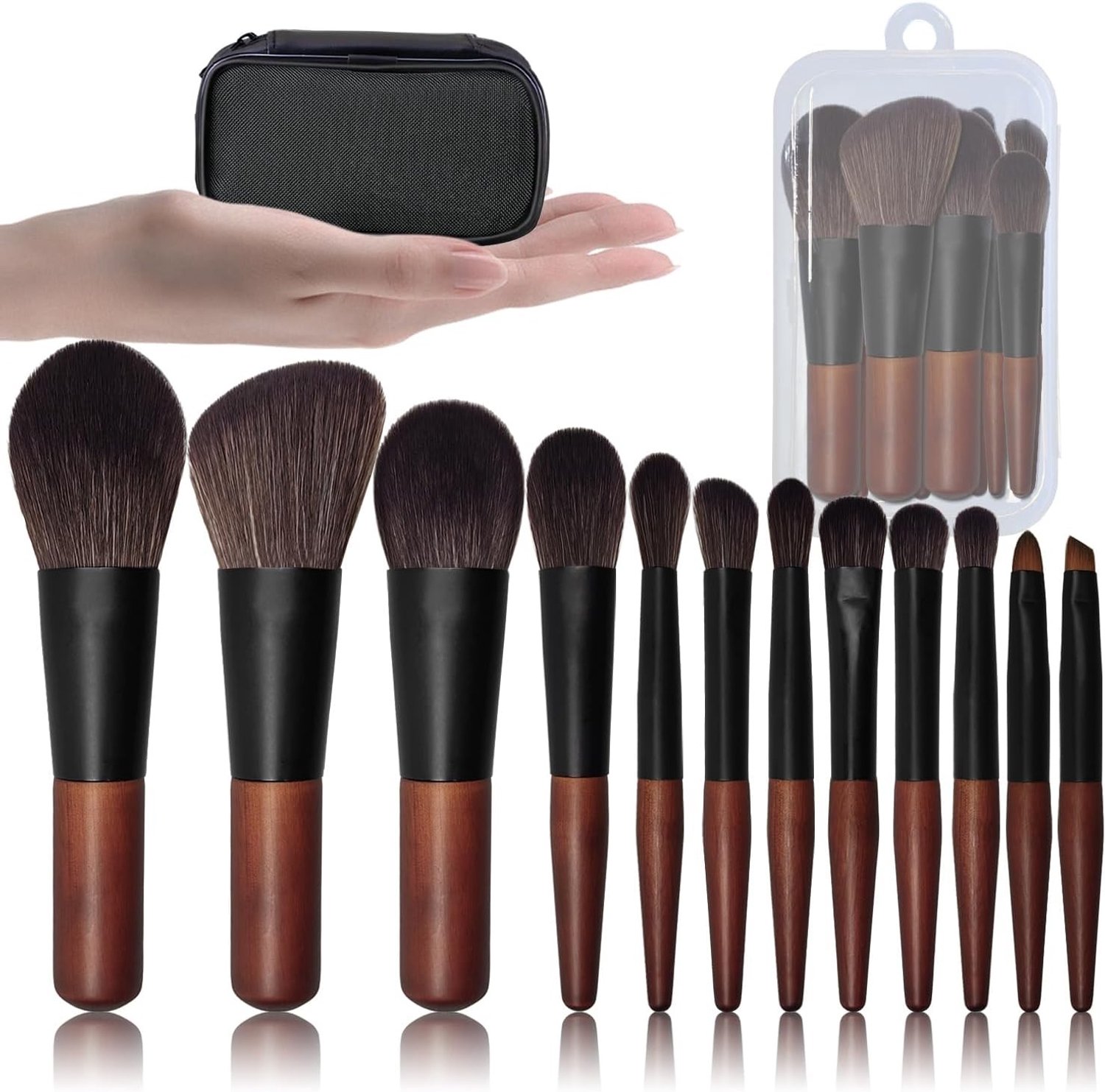 Mini Make-up Borstelset voor Reizen - 12 Cosmetische Brushes met Opbergtas, Vegan en Houten Handvatten met Zachte Haren