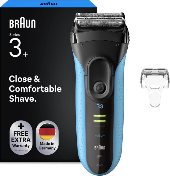 Blauw en zwart Braun Series 3+ scheerapparaat met precisietrimmer, op de verpakking staat 'Close & Comfortable Shave'.