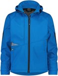 Blauwe softshell jas met capuchon, ritssluiting, grijze accenten op de mouwen en zijkanten met reflecterende details.