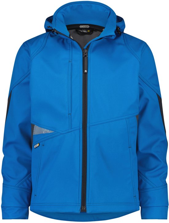 Blauwe softshell jas met capuchon, ritssluiting, grijze accenten op de mouwen en zijkanten met reflecterende details.