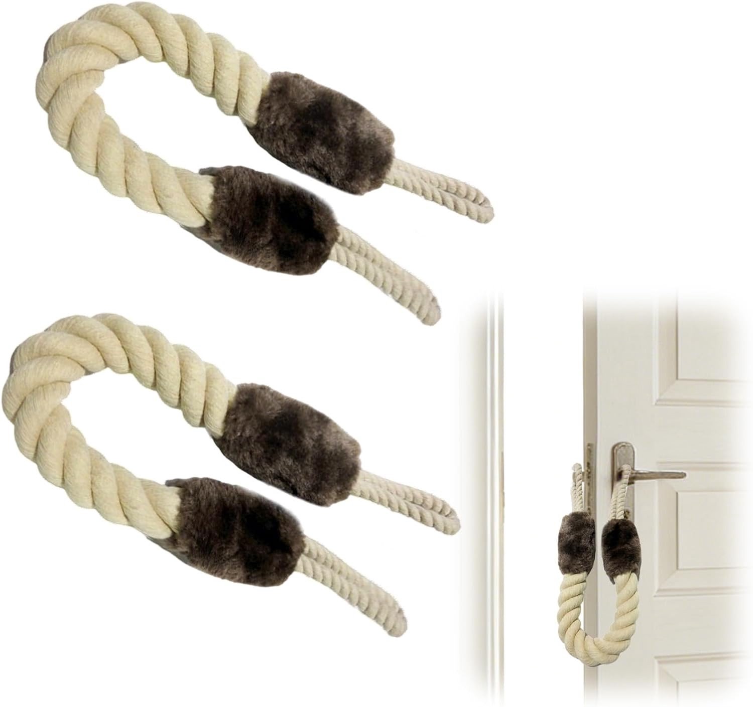Set van 2 Deurstopper van Katoen met Klem voor Deuren en Deurknoppen, Veiligheidskoord voor Kinderen en Huisdieren, Voorkomt Deurklappen en Beschadigingen (Bruin)