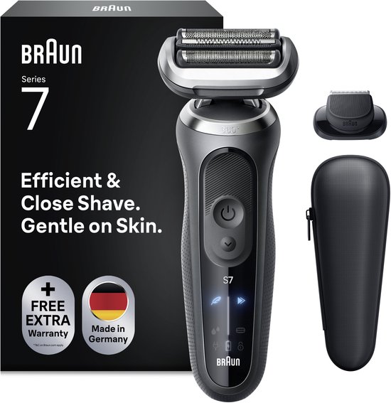 Braun Series 7 scheerapparaat, zwart met 360-graden kop, precisietrimmer en etui, inclusief doos met Duitse vlag.