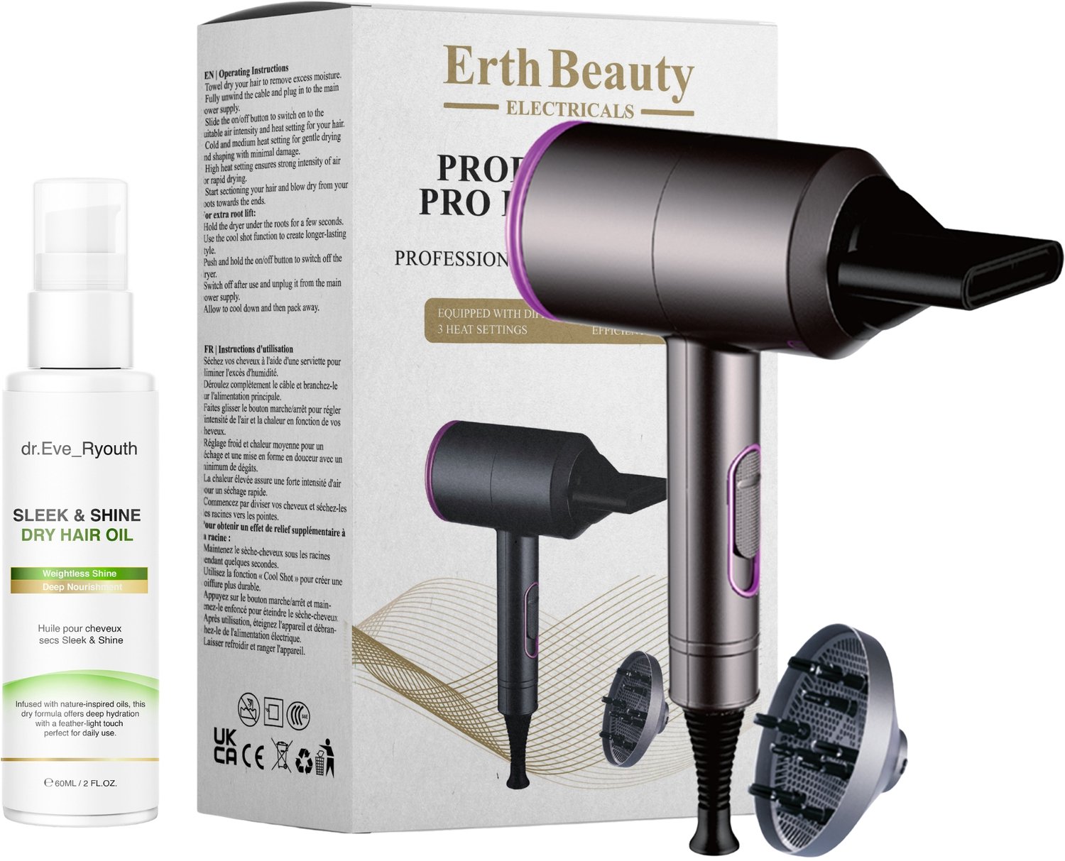 dr_everyouth Professionele Föhn + Sleek & Shine Haarolie 60 ml
