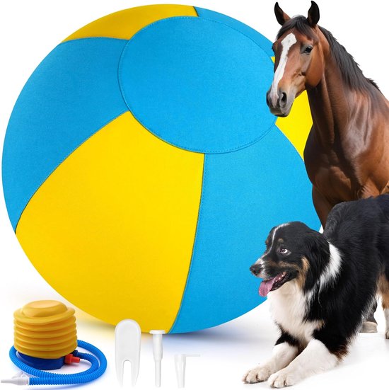 Blauw-gele strandbal van 65 cm, met een Australische herder en een paard ernaast. Inclusief luchtpomp.