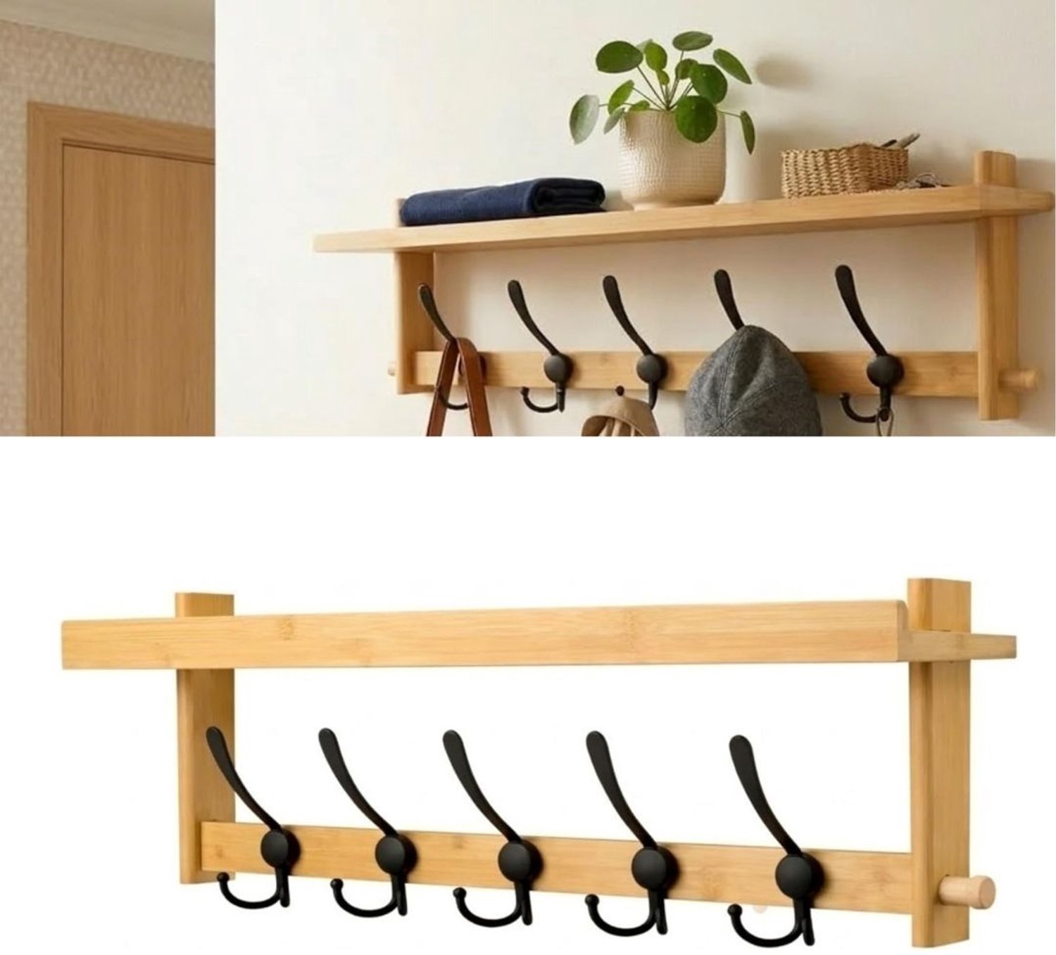 DailySupplies® Wandkapstok met Hoedenplank - Kapstok Hangend met Plank Lichtbruin met zwart