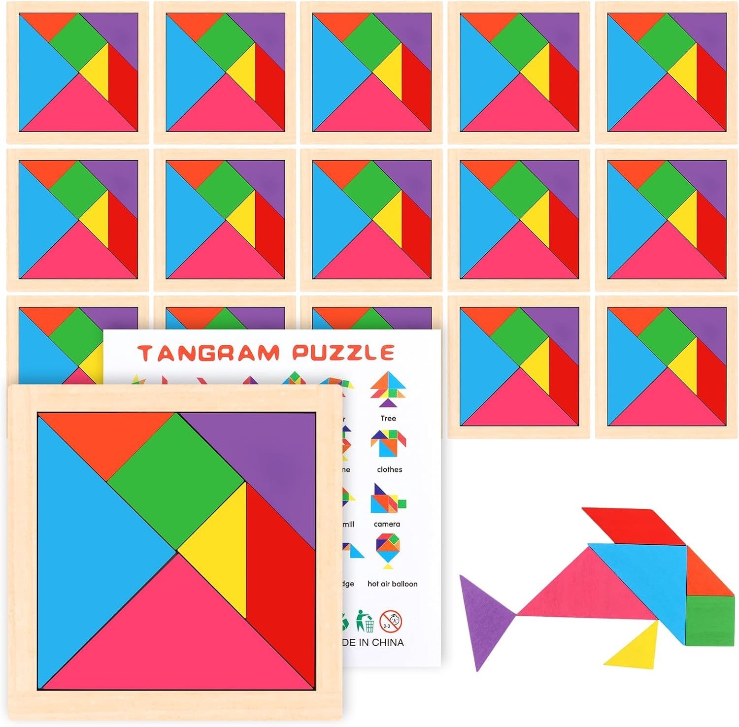 Houten tangram spelset van 16 stukken voor educatief spel en creativiteit ontwikkelen