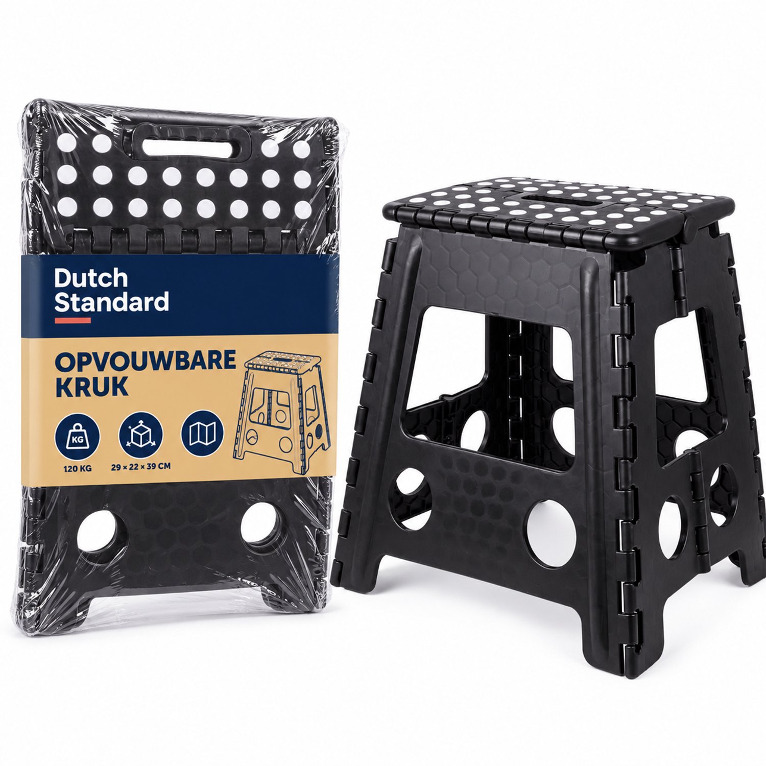 Dutch Standard Opvouwbare Kruk Groot - Zwart/Wit - Tot 120 kg - 29 x 22 x 39 cm