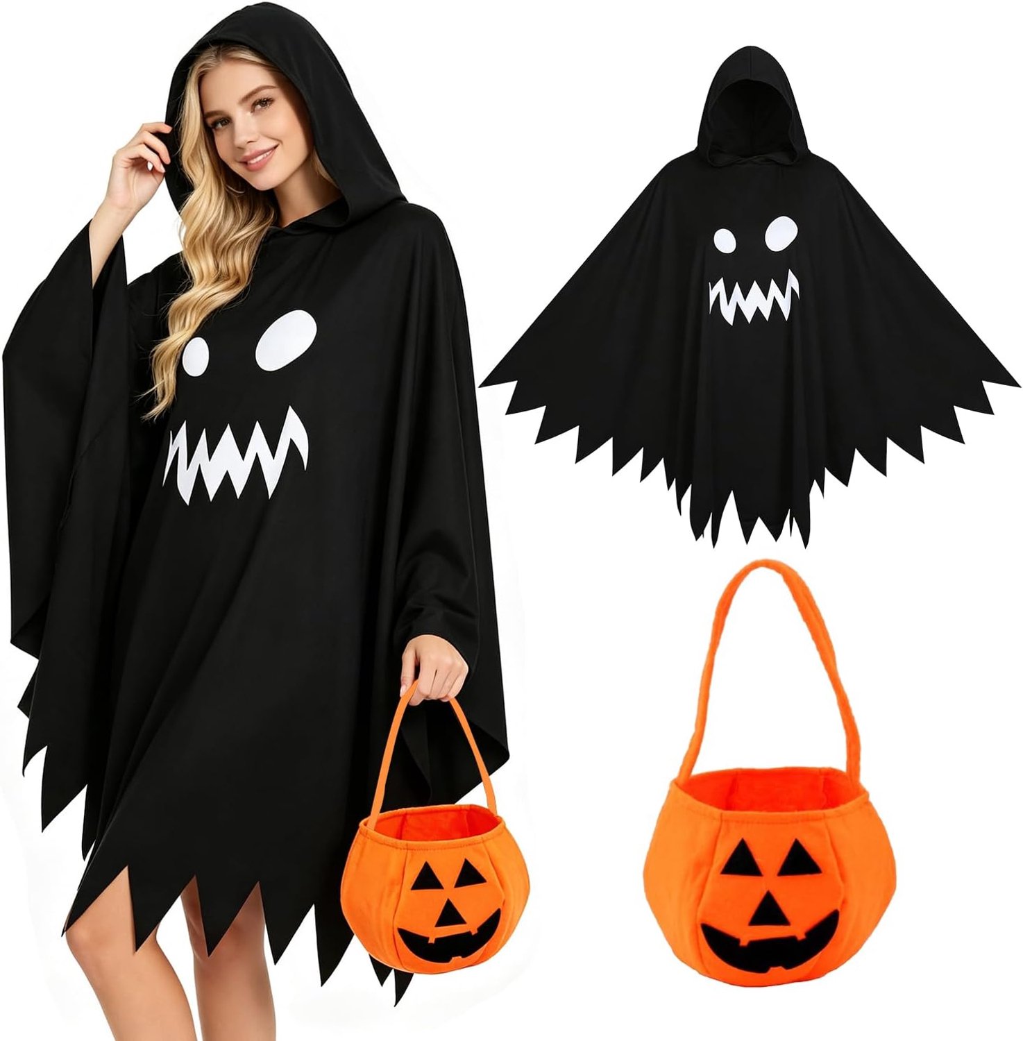 Spookkostuum, Zwart Spookset Met Cape en Tas, Eng Halloweenkostuum, Voor Volwassenen Cosplay en Themafeest, Feest, Carnaval, Verkleedaccessoires (Zwart)