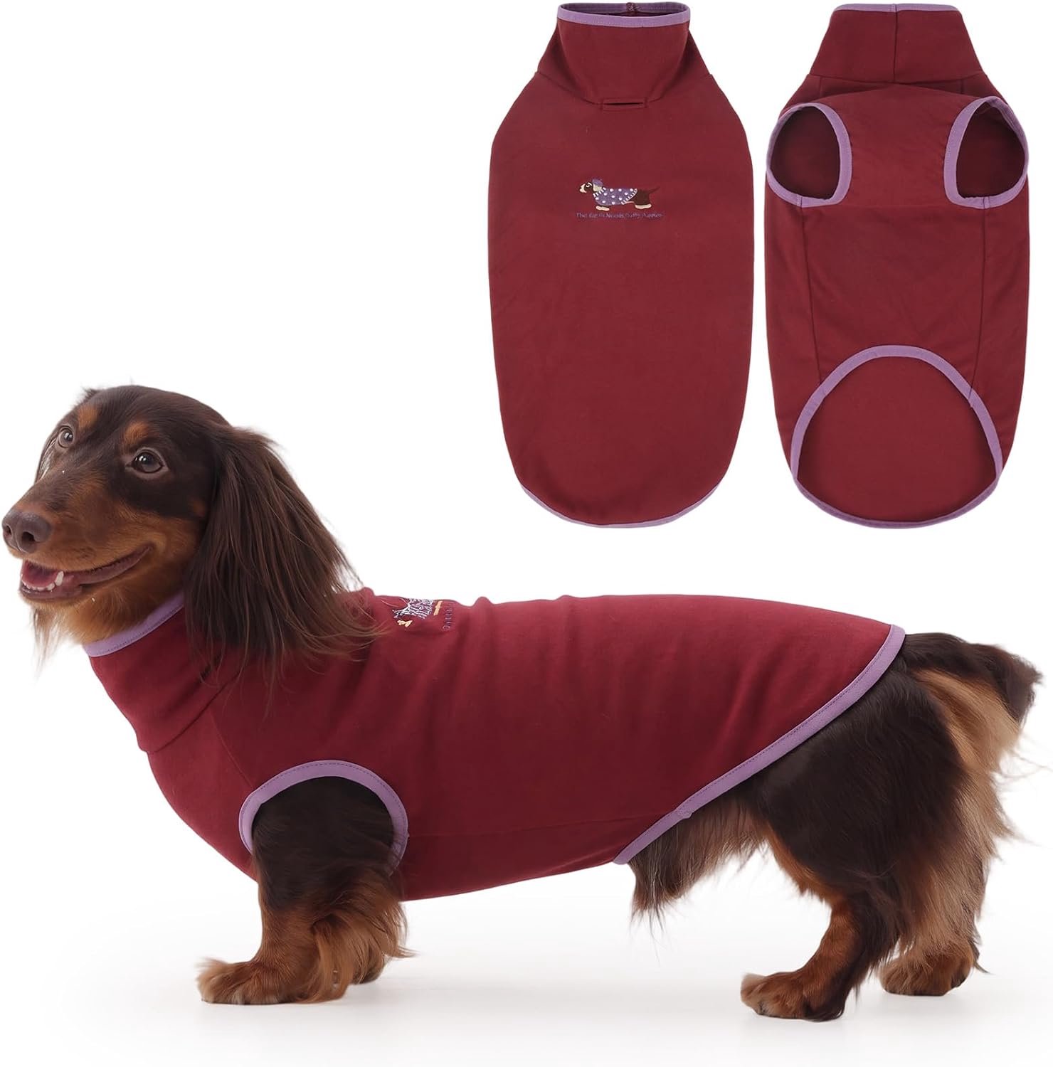 T-shirt, zachte fleece teckel pullover hond alle maten, behaaglijke kleding voor lente, herfst en winter, teckel shirt met geborduurd motief en linnen opening, wijnrood, XL