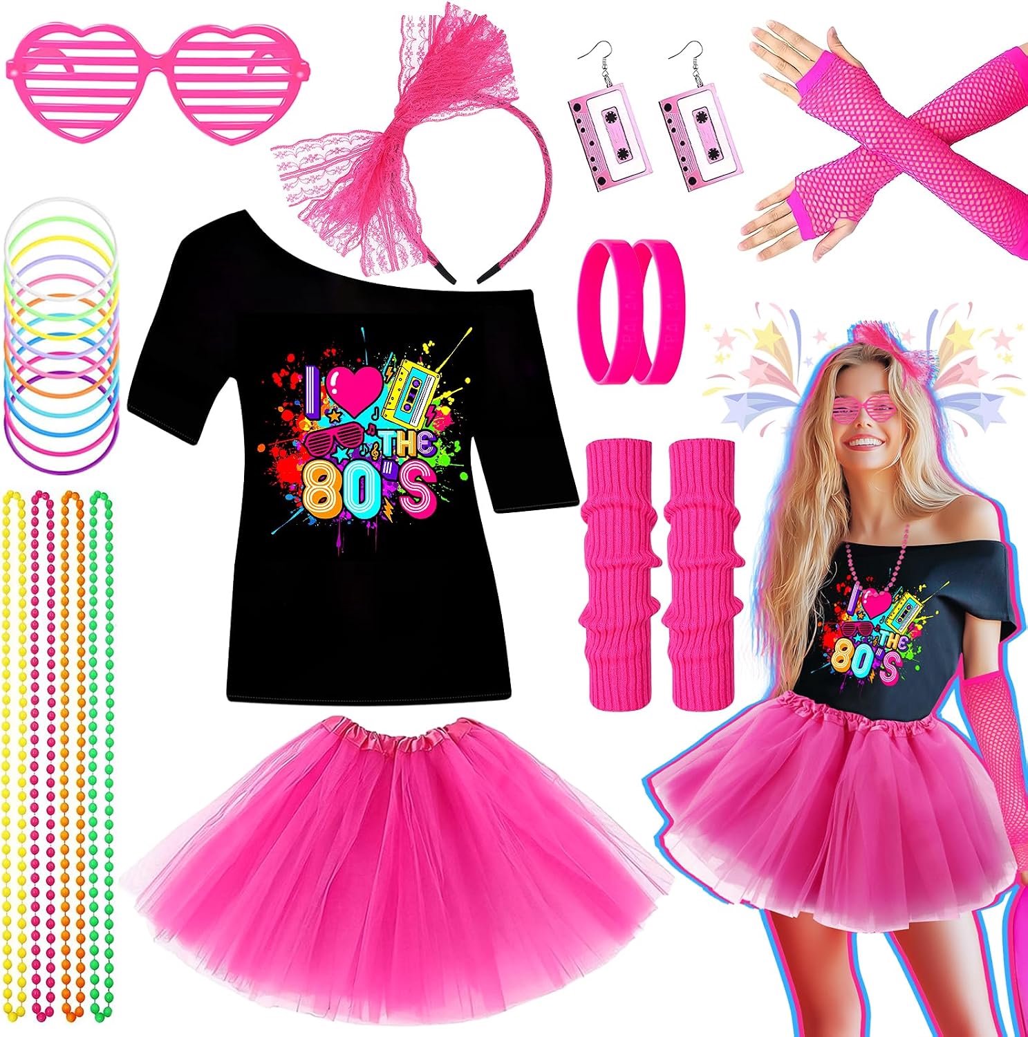 80-outfit voor dames, met T-shirt, tutu, handschoenen, manchetten, hoofdband, bril, oorbellen, halsketting, armband voor carnaval en themafeest