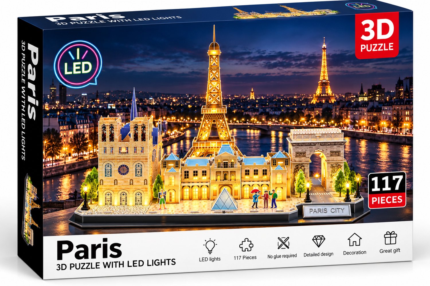 JN® 3D Puzzel Parijs City – LED Verlicht – 117-delig Bouwpakket – 8+