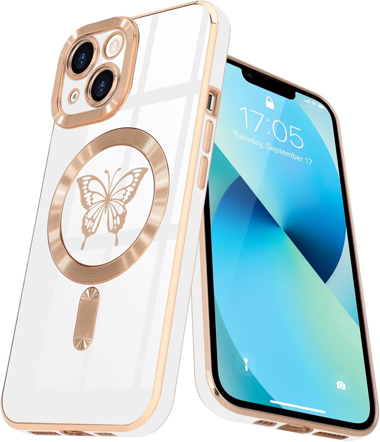 Telefoonhoesje voor iPhone 13, Telefoonhoesje voor iPhone 13 met vlinderpatroon Schok- en krasbescherming Blanc