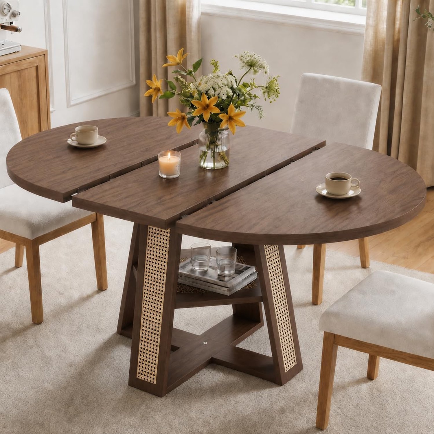 Eettafel rond 100-140 cm met rotan design en plank