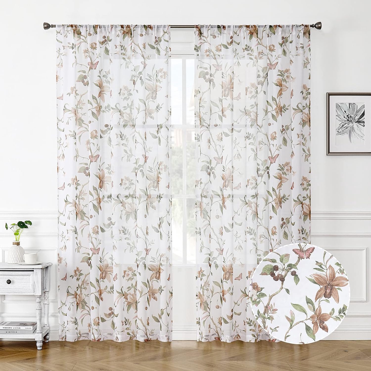 Transparant gordijn met bloemen, taupe, kersenbloem, vlinderprint, slaapkamergordijnen, roedezak, voile linnen, look, wit, doorschijnend gordijn voor woonkamer, 137 x 241 cm lang, set van 2