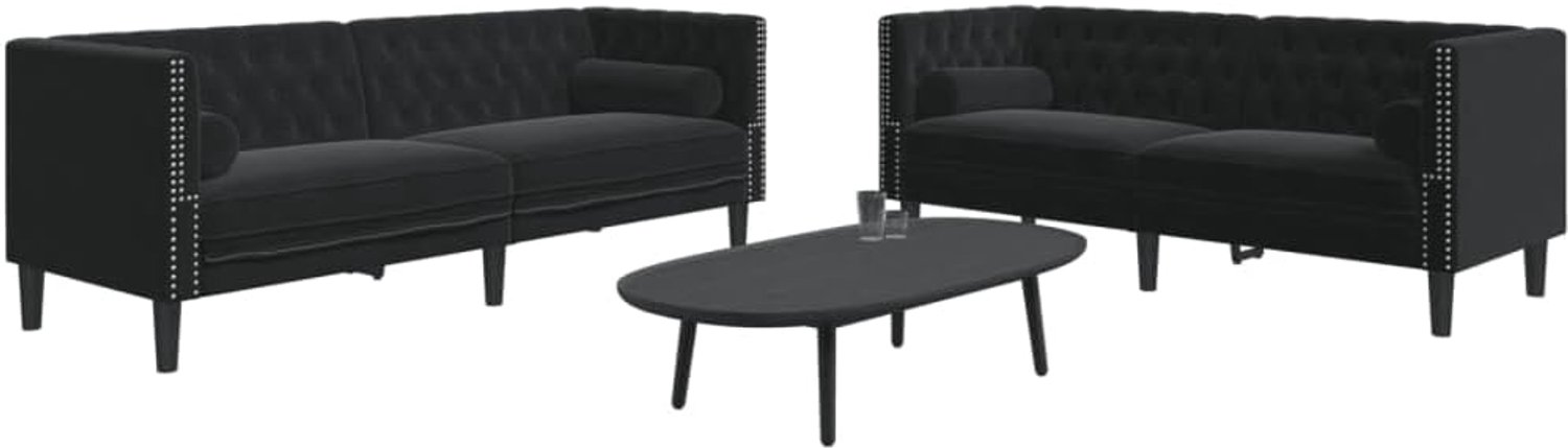 Sofa Set 2-delig met nekrollen zwart fluweel gestoffeerde meubels voor woonkamer, zachte velours stof, comfortabele zitvlakken, klassiek design, stabiele houten poten