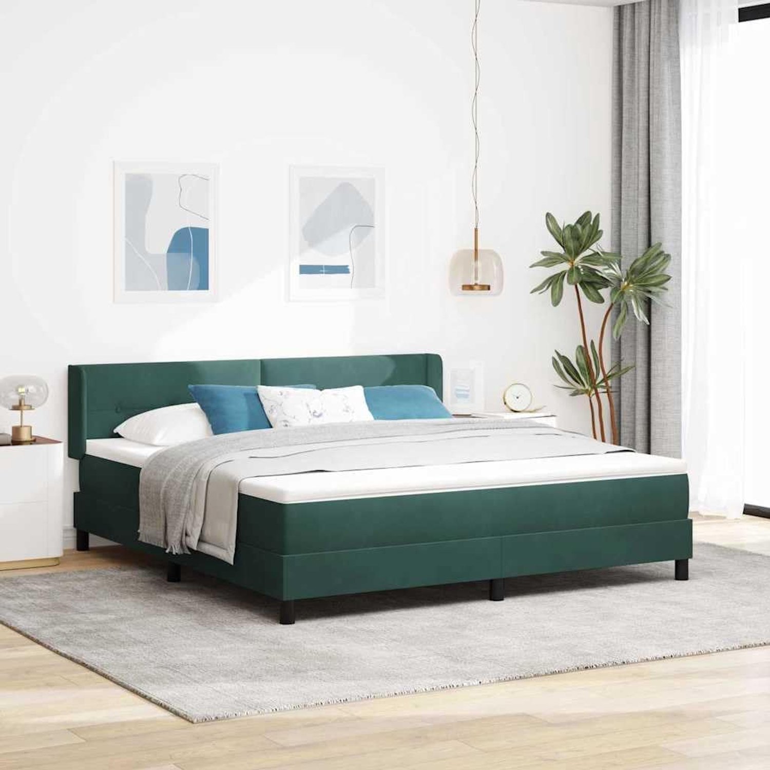 Boxspringbed met hoofdeinde Donkergroen 200 x 180 cm Fluweel Medium Firm Pocketvering Matras Inclusief Verstelbaar Hoofdbord Stijlvolle Postpoten Moderne Slaapkamer
