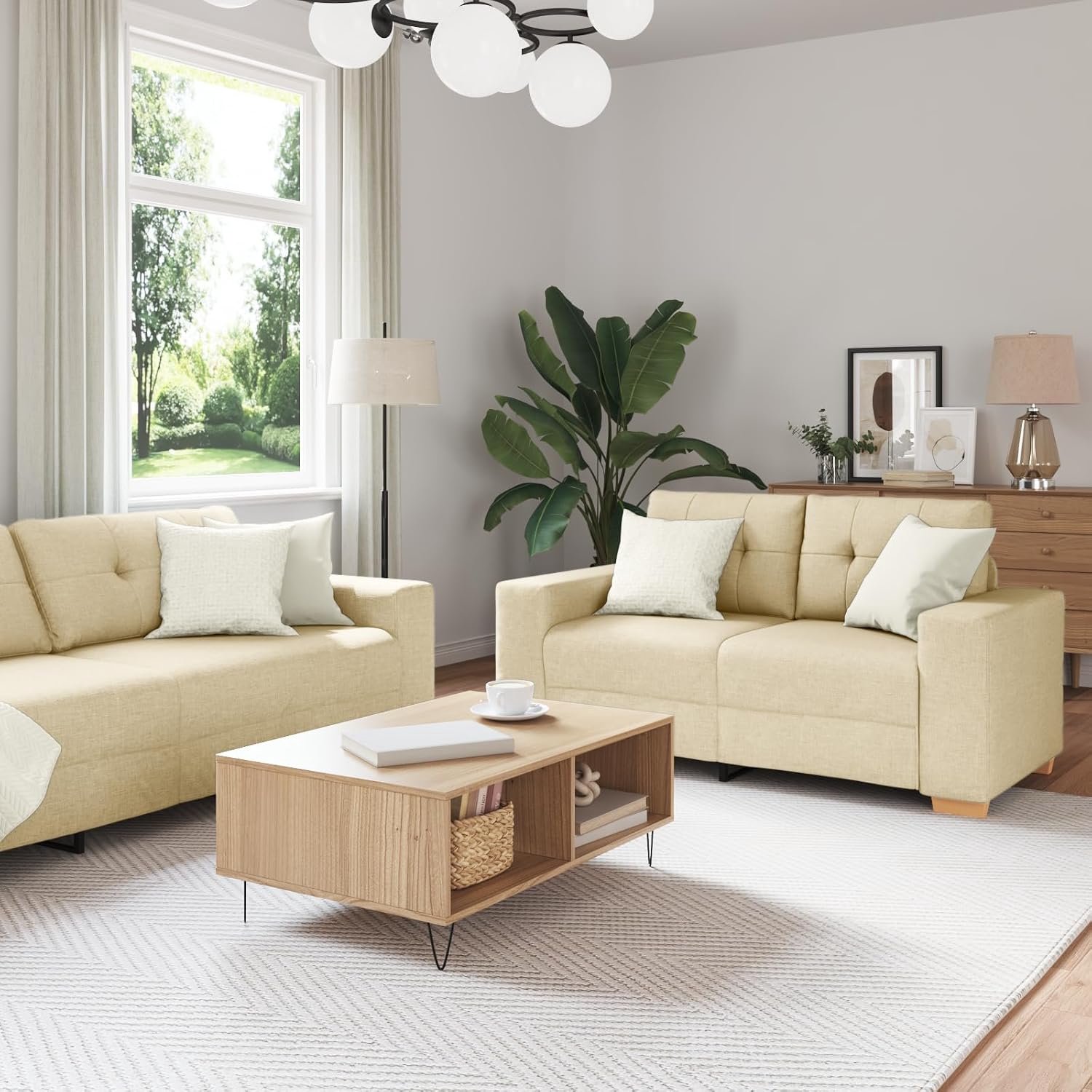 2-delige bankset met kussens, crèmekleurige stof, tweezitsbank en fauteuil voor de woonkamer, modern design met comfortabel pluche kussen en robuust houten frame, veelzijdige plaatsing