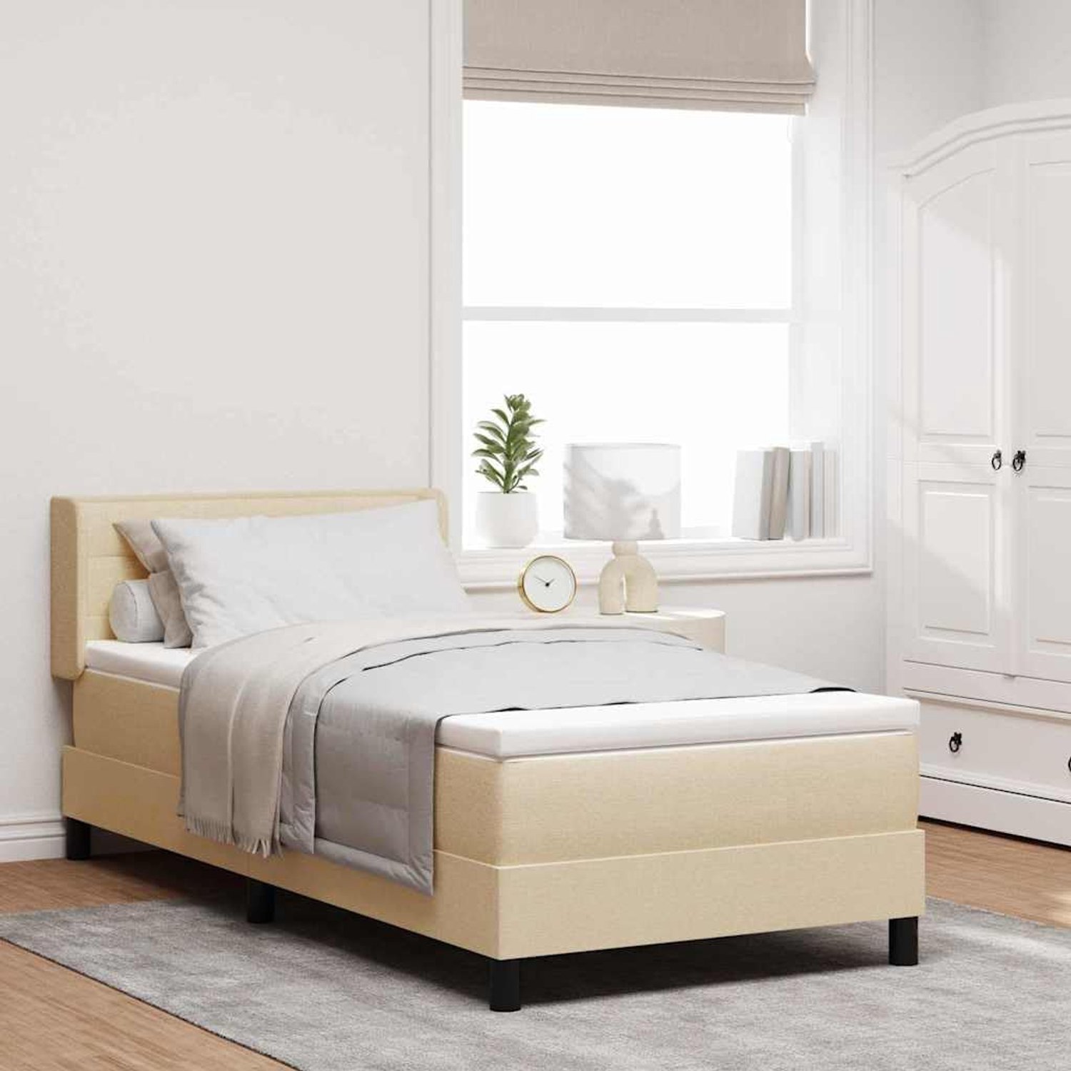 Boxspringbed met hoofdeinde Crème 200 x 100 cm Stof Modern Design Verstelbaar Hoofdbord Medium Pocketvering Matras Slaapkamer Hotelstijl Eenpersoonsbed