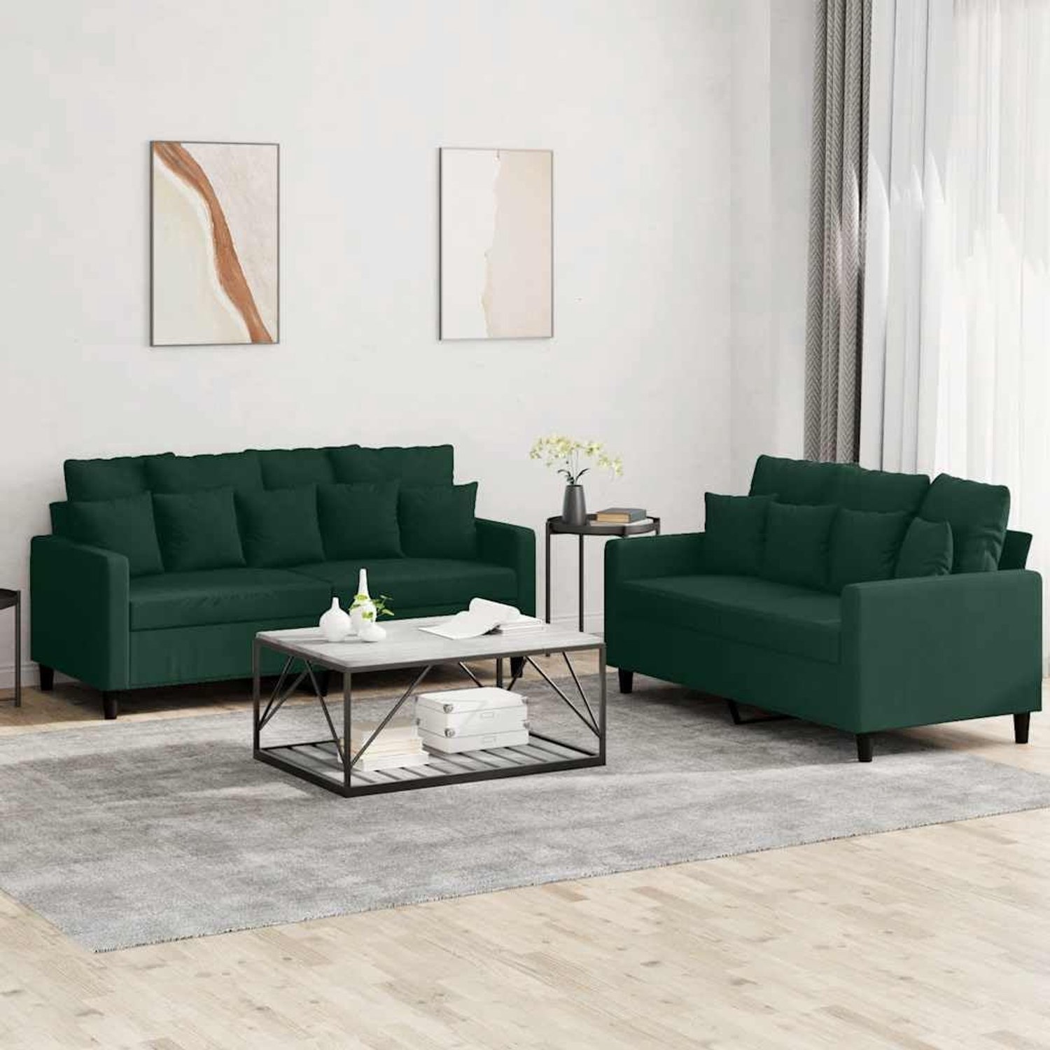 2-delige bankset met kussen, donkergroen fluweel en gestoffeerde set, woonlandschap voor woonkamer, zachte velours bekleding en robuust metalen frame