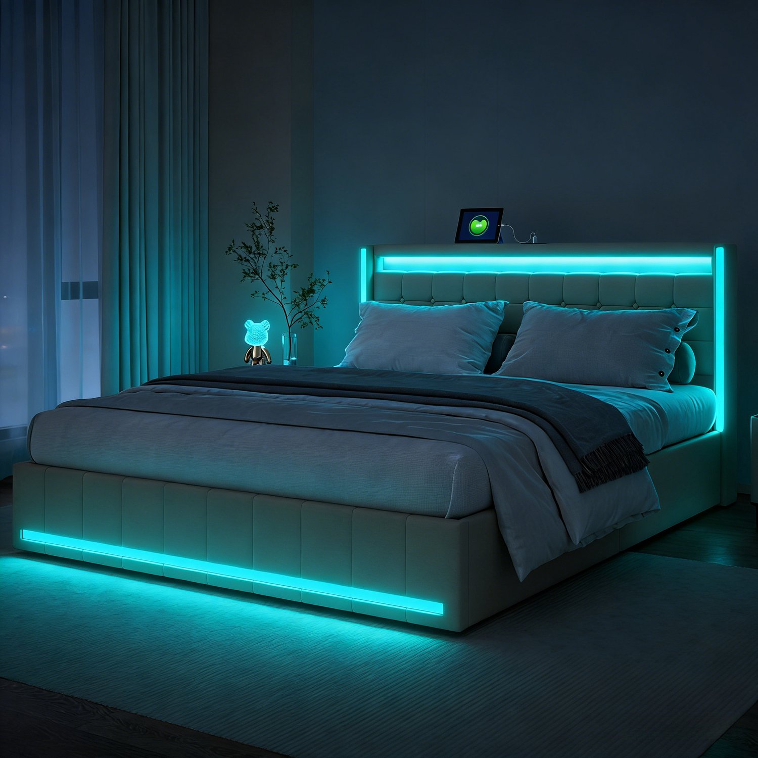 Gestoffeerd bed 160x200 cm met LED verlichting, tweepersoonsbed met 4 opberglades, linnen bedframe met hoofdbord, lattenbodem en USB aansluiting