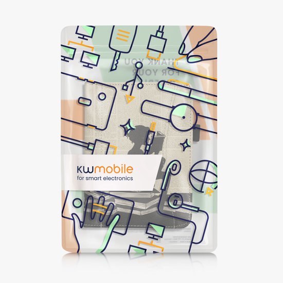 kwmobile flip cover geschikt voor Kobo Clara BW / Colour - Hoes met handgreep en voorvak voor e-reader - Book case in zwart / beige - Meisje met boeken design — afbeelding 5