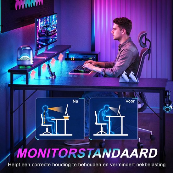Zwart gaming bureau met monitorstandaard die de zithouding verbetert en nekbelasting vermindert.