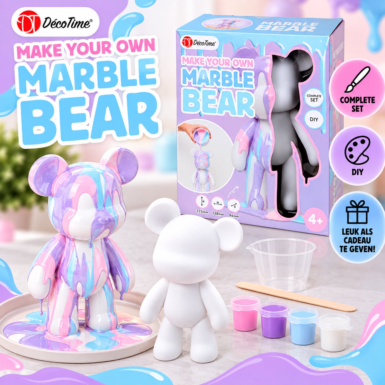 DécoTime Make Your Own Marble Bear – DIY Knutselset – Beer Beschilderen met Marble Effect – Complete Creatieve Set – 22,5 cm – Vanaf 4 Jaar