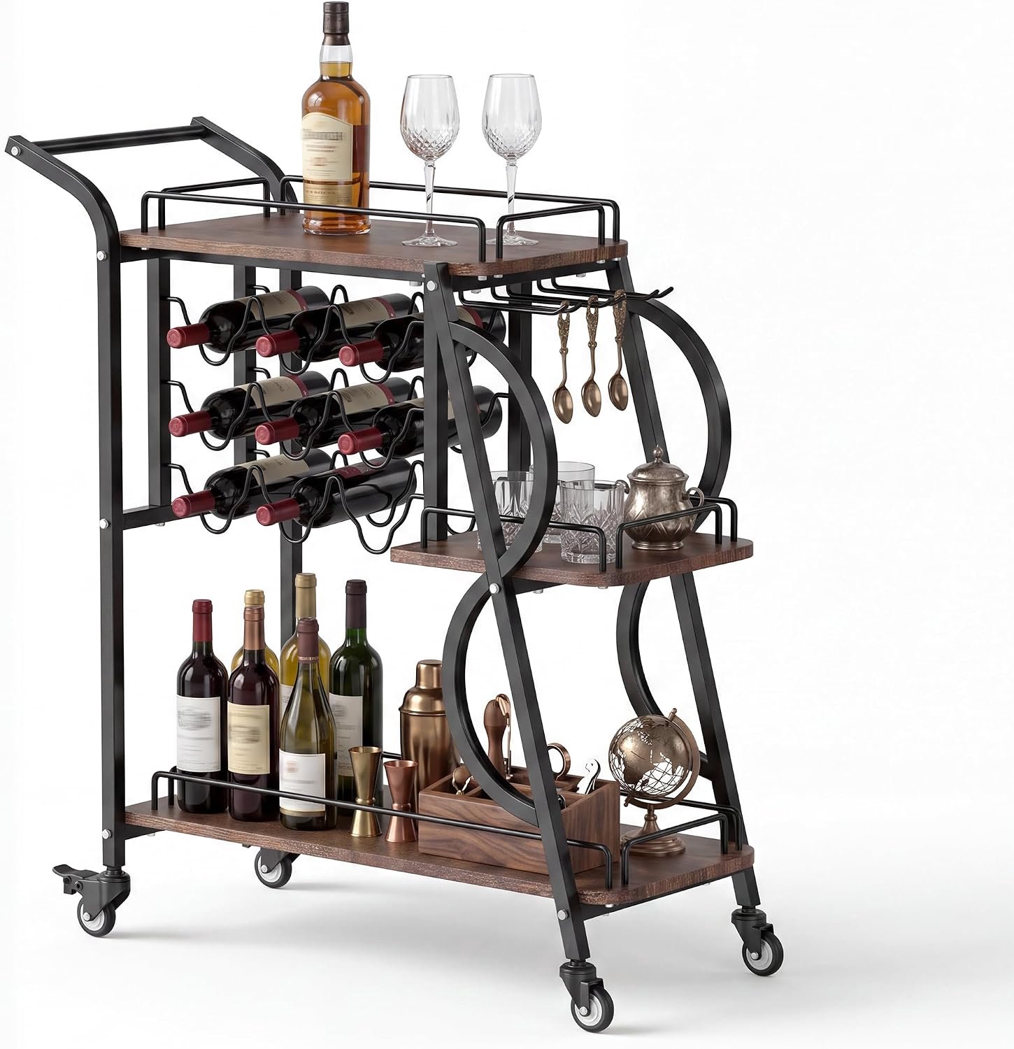 Rolwagen met 3 planken – Trapeziumvormige serveer- en drankwagen – Beschermrails – Duwhandgreep – Metalen frame – Bruin