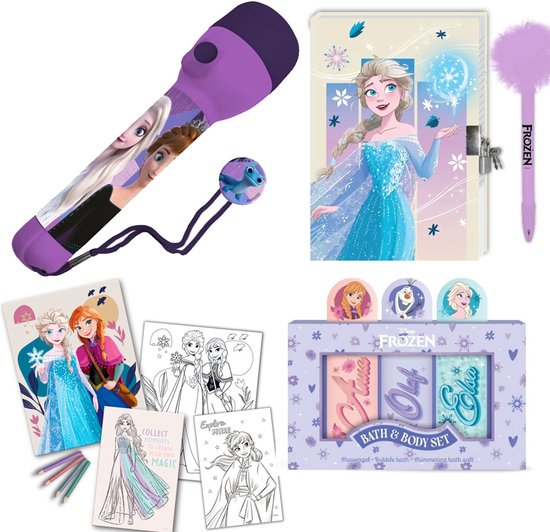 Coffret cadeau Frozen avec lampe de poche, journal à cadenas, stylo à pompon, set de coloriage et produits de bain.