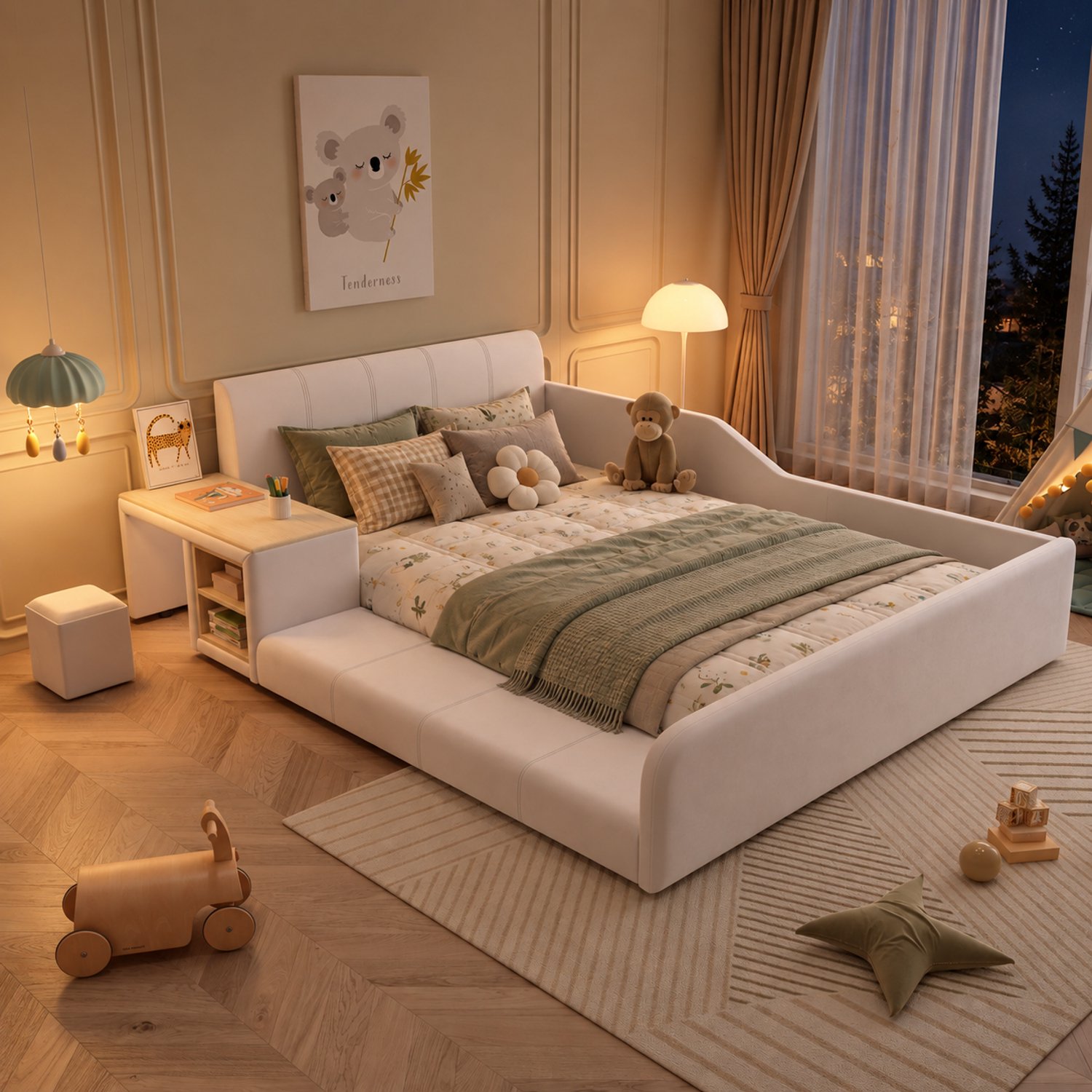 Welltin Kinderbed 140x200 cm - Tweepersoonsbed - Gestoffeerd bed - Vloerbed - Met bureau en stoel - Met zacht hoofdeinde - Met opbergplanken - Fluweelstof - Zacht en schokbestendig - Wit
