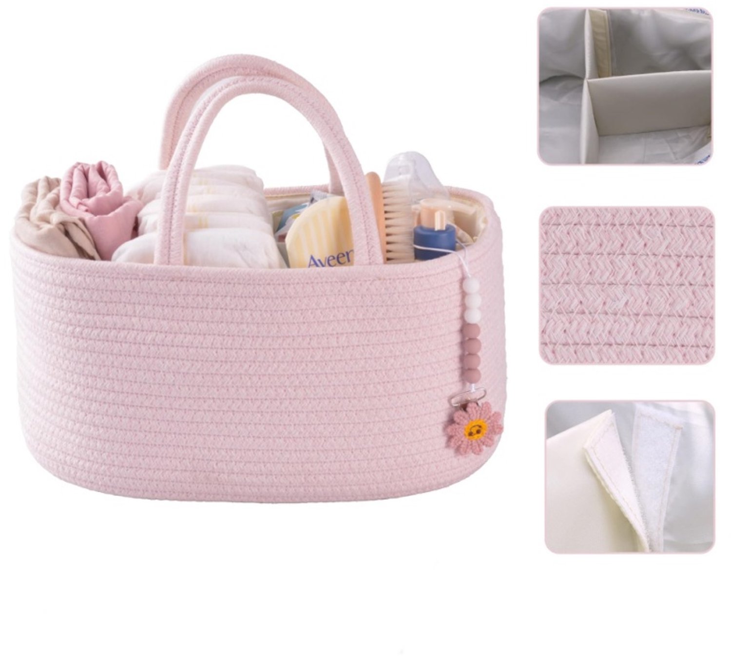 Draagbare Kraammand Organizer voor Babyluiers met Handvat - Babyshower & Kraamcadeau voor Meisje en Jongen - Benodigdheden voor Pasgeborenen - 38x26x18 cm van Katoenkoord