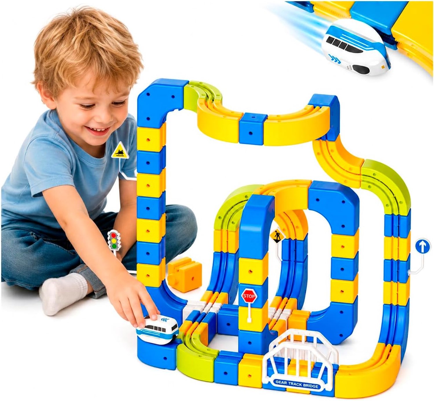 Elektrische treinset voor kinderen – 168-delige zwaartekrachttartende racebaan (3D STEM-speelgoed) – Bouwspeelgoed voor peuters – Verjaardagscadeau voor jongens en meisjes van 3 tot 8+ jaar
