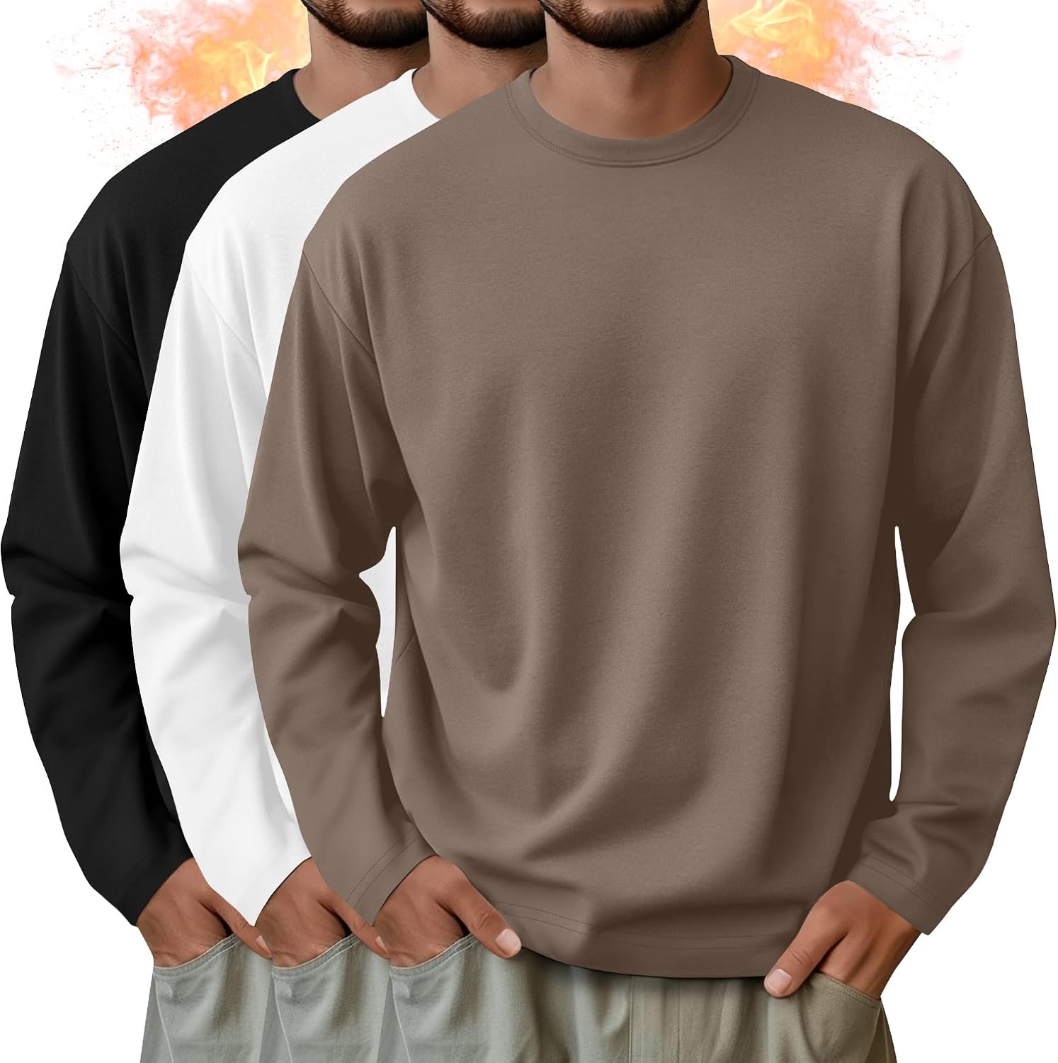 3-pack heren thermoshirts met lange mouwen, dikke pullovers, basic tops, casual comfortabele sweatshirts