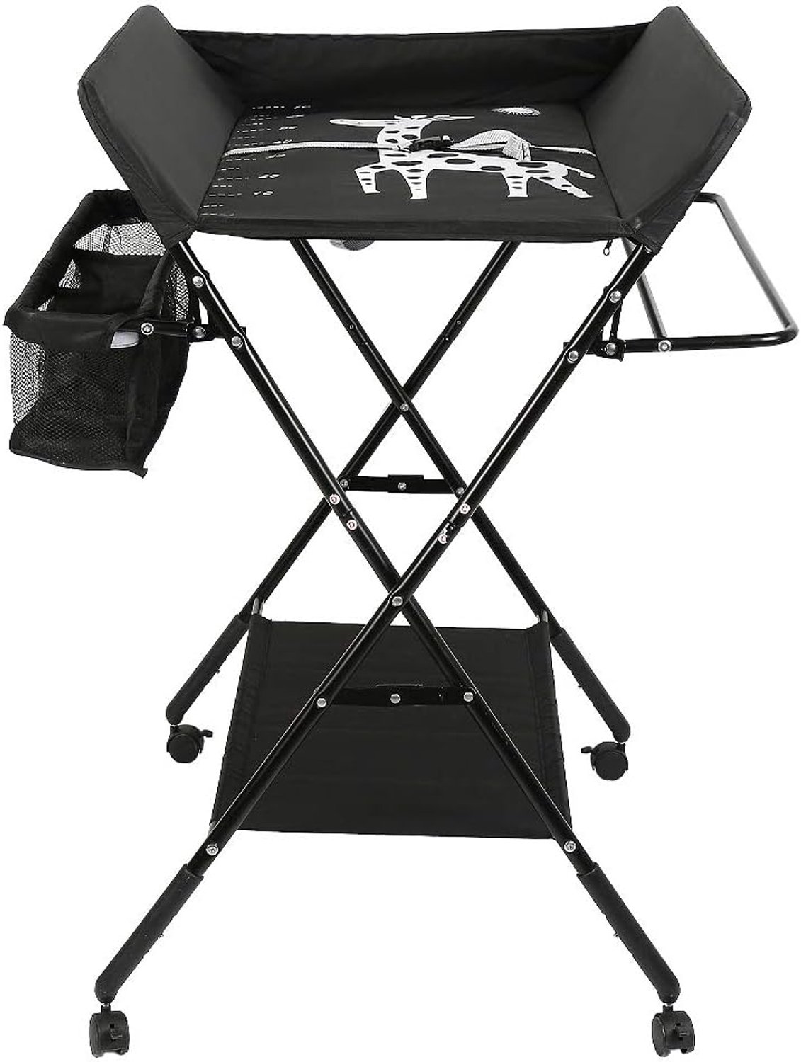 Inklapbaar, draagbaar, praktisch, ruimtebesparend, met opbergmand, veiligheidsgordel en 4 wielen met rem, in hoogte verstelbaar, 92-95-98 cm (zwart)