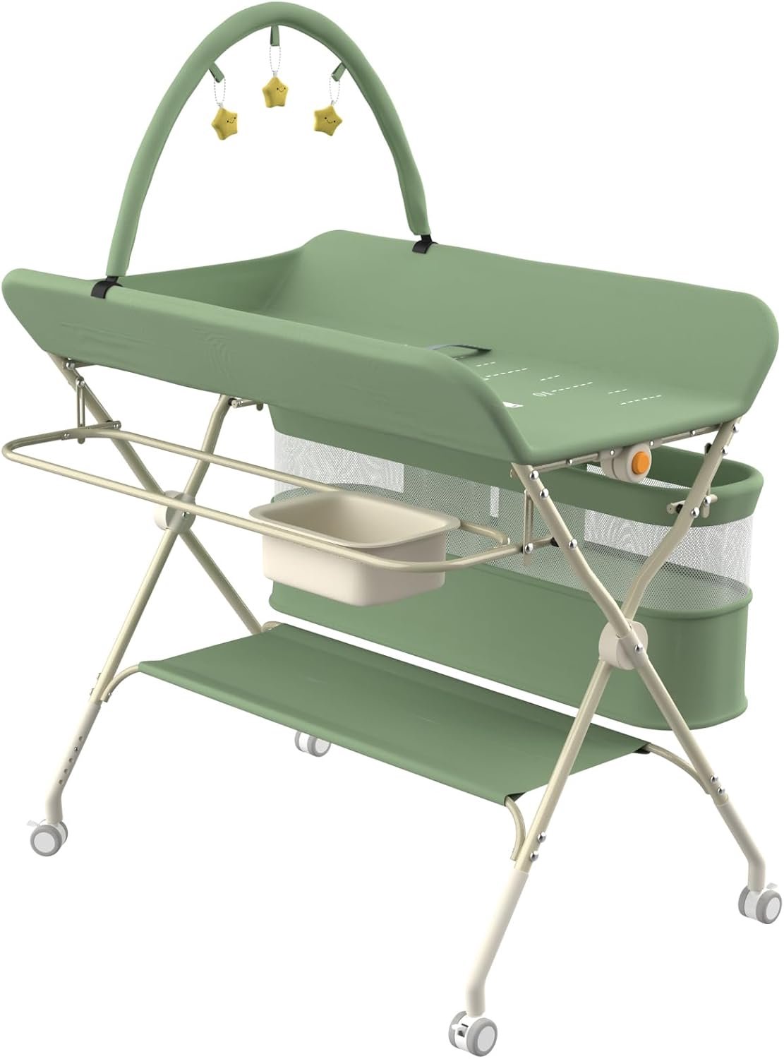 Luiertafel, aankleedtafel met zijmand en 4 wielen, verzorging voor pasgeborenen, mobiel, in hoogte verstelbaar, maximale belasting 25 kg, groen - B