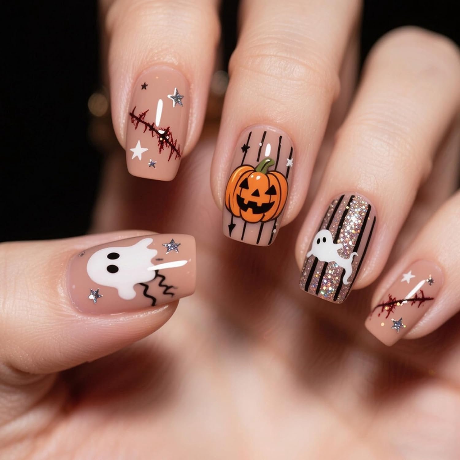 24 stuks Halloween press-on nagels, medium, nude roze kunstnagels