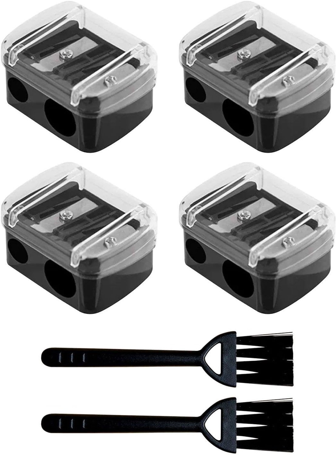 4 stuks dubbele puntenslijper en 2 stuks mini-reinigingsborstel, plastic stiftslijper, draagbare puntenslijper, eyeliner potloodrol.